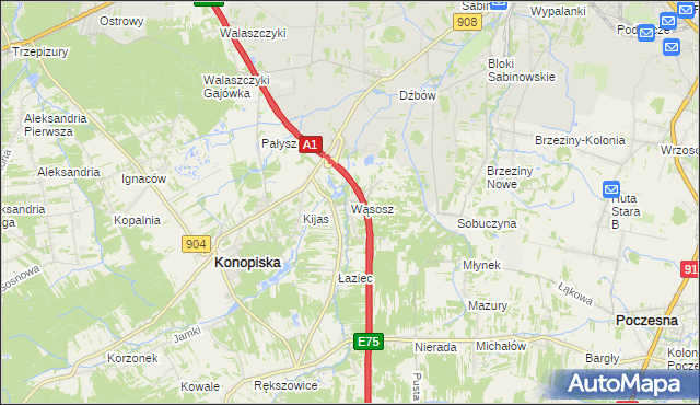 mapa Wąsosz gmina Konopiska, Wąsosz gmina Konopiska na mapie Targeo