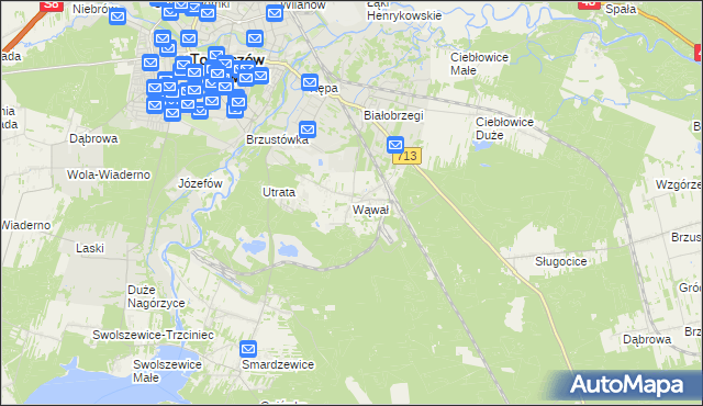 mapa Wąwał gmina Tomaszów Mazowiecki, Wąwał gmina Tomaszów Mazowiecki na mapie Targeo