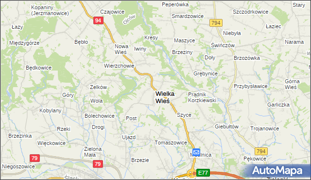 mapa Wielka Wieś powiat krakowski, Wielka Wieś powiat krakowski na mapie Targeo