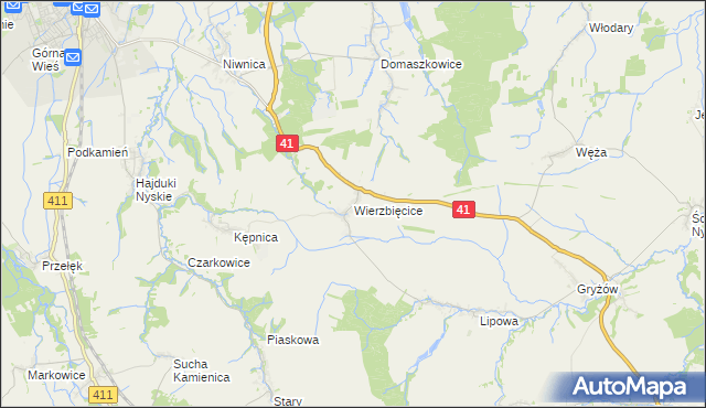 mapa Wierzbięcice gmina Nysa, Wierzbięcice gmina Nysa na mapie Targeo