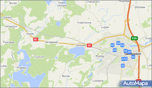 mapa Wilkowo gmina Świebodzin, Wilkowo gmina Świebodzin na mapie Targeo
