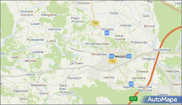 mapa Wincentów gmina Piekoszów, Wincentów gmina Piekoszów na mapie Targeo