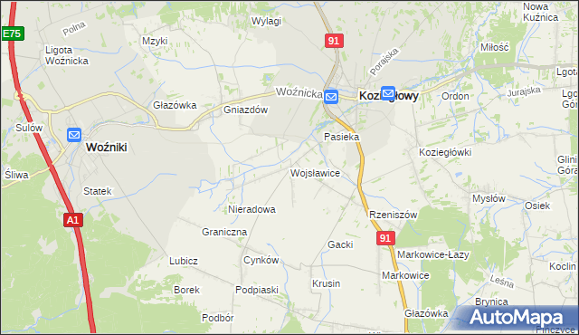 mapa Wojsławice gmina Koziegłowy, Wojsławice gmina Koziegłowy na mapie Targeo