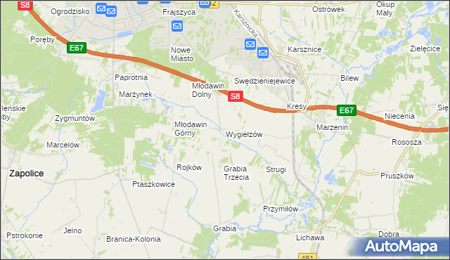 mapa Wygiełzów gmina Zapolice, Wygiełzów gmina Zapolice na mapie Targeo