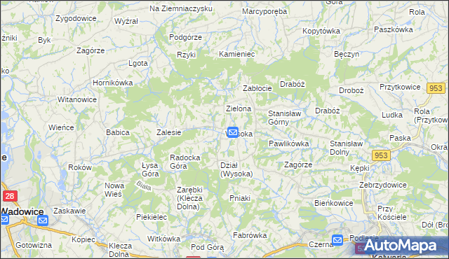 mapa Wysoka gmina Wadowice, Wysoka gmina Wadowice na mapie Targeo