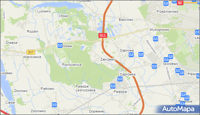 mapa Zakrzewo gmina Dopiewo, Zakrzewo gmina Dopiewo na mapie Targeo