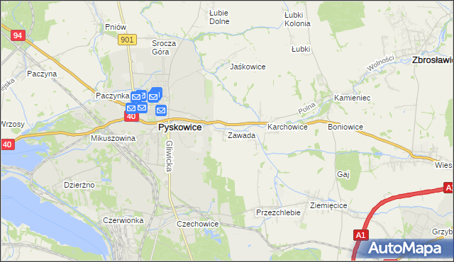 mapa Zawada gmina Zbrosławice, Zawada gmina Zbrosławice na mapie Targeo
