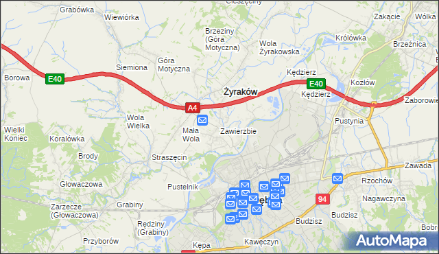 mapa Zawierzbie gmina Żyraków, Zawierzbie gmina Żyraków na mapie Targeo