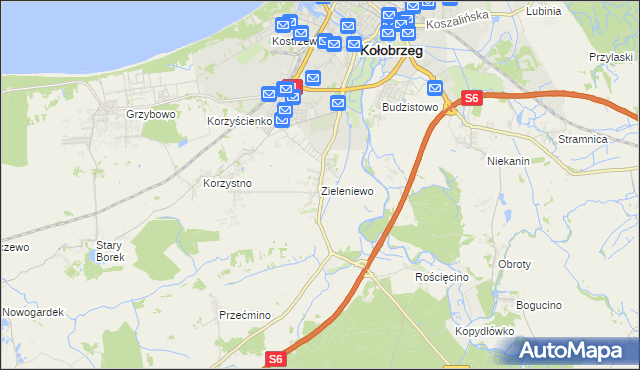mapa Zieleniewo gmina Kołobrzeg, Zieleniewo gmina Kołobrzeg na mapie Targeo