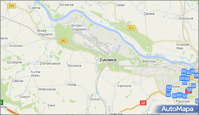 mapa Żukowice powiat głogowski, Żukowice powiat głogowski na mapie Targeo