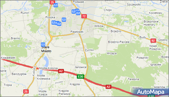 mapa Żychlin gmina Stare Miasto, Żychlin gmina Stare Miasto na mapie Targeo