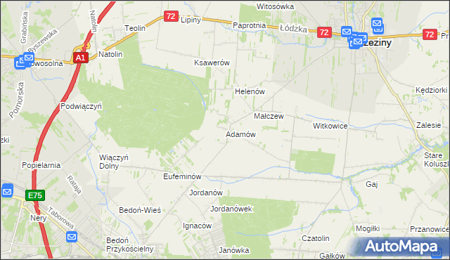 mapa Adamów gmina Brzeziny, Adamów gmina Brzeziny na mapie Targeo