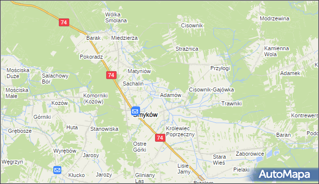 mapa Adamów gmina Smyków, Adamów gmina Smyków na mapie Targeo