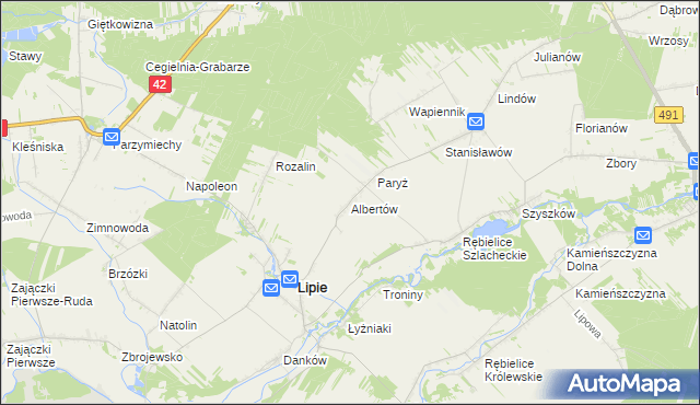 mapa Albertów gmina Lipie, Albertów gmina Lipie na mapie Targeo