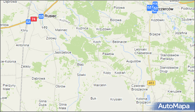 mapa Andrzejów gmina Rusiec, Andrzejów gmina Rusiec na mapie Targeo