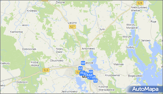 mapa Antoniewo gmina Morąg, Antoniewo gmina Morąg na mapie Targeo