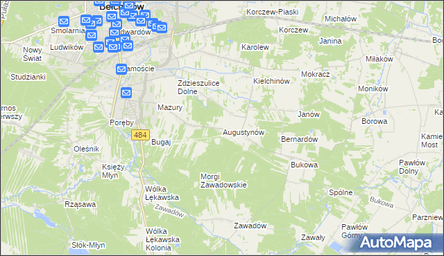 mapa Augustynów gmina Bełchatów, Augustynów gmina Bełchatów na mapie Targeo