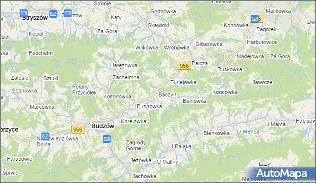 mapa Baczyn gmina Budzów, Baczyn gmina Budzów na mapie Targeo