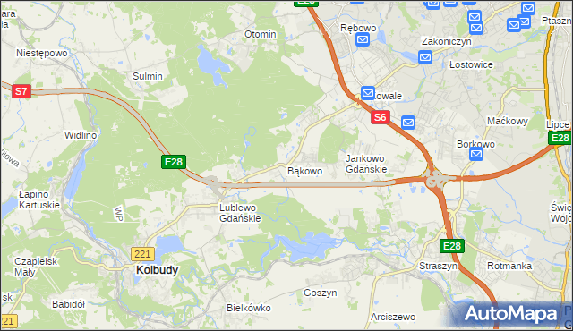 mapa Bąkowo gmina Kolbudy, Bąkowo gmina Kolbudy na mapie Targeo