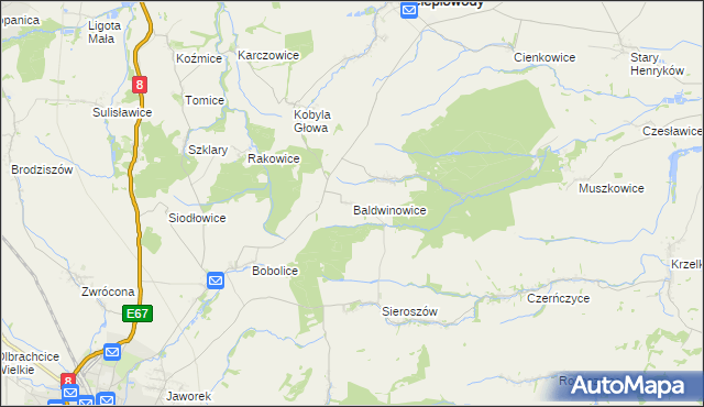 mapa Baldwinowice gmina Ciepłowody, Baldwinowice gmina Ciepłowody na mapie Targeo