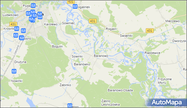 mapa Baranowo gmina Mosina, Baranowo gmina Mosina na mapie Targeo