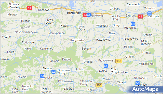 mapa Bęczyn gmina Brzeźnica, Bęczyn gmina Brzeźnica na mapie Targeo