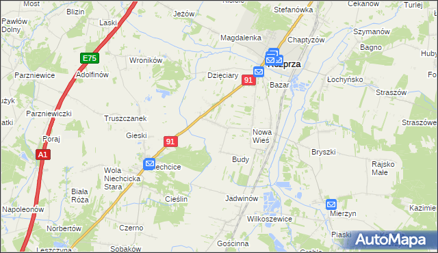 mapa Białocin gmina Rozprza, Białocin gmina Rozprza na mapie Targeo