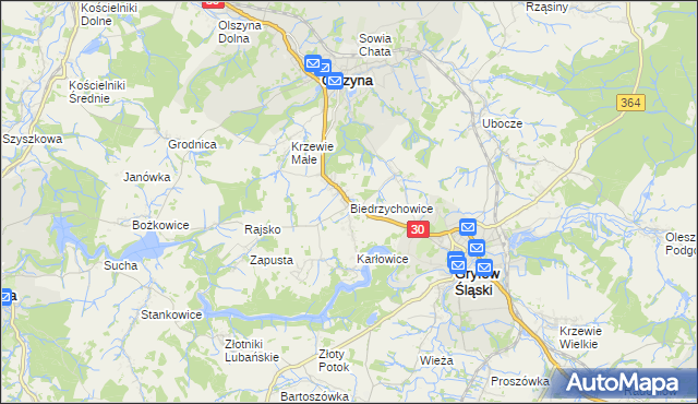 mapa Biedrzychowice gmina Olszyna, Biedrzychowice gmina Olszyna na mapie Targeo