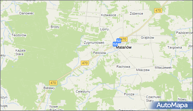 mapa Bielawy gmina Malanów, Bielawy gmina Malanów na mapie Targeo