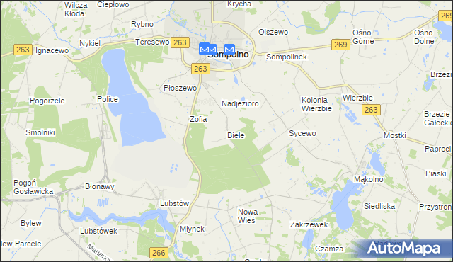 mapa Biele gmina Sompolno, Biele gmina Sompolno na mapie Targeo