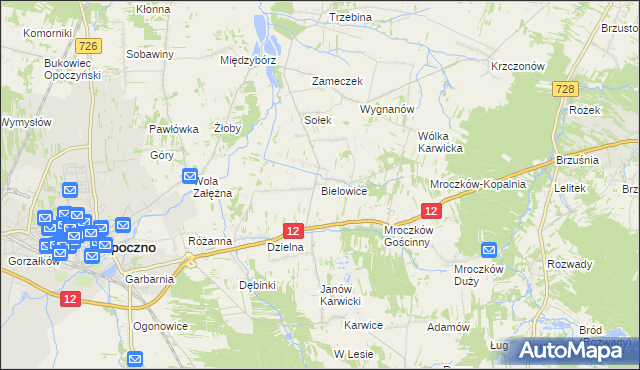 mapa Bielowice gmina Opoczno, Bielowice gmina Opoczno na mapie Targeo