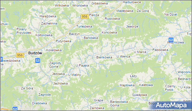 mapa Bieńkówka gmina Budzów, Bieńkówka gmina Budzów na mapie Targeo