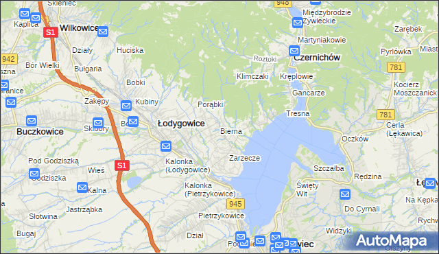 mapa Bierna gmina Łodygowice, Bierna gmina Łodygowice na mapie Targeo