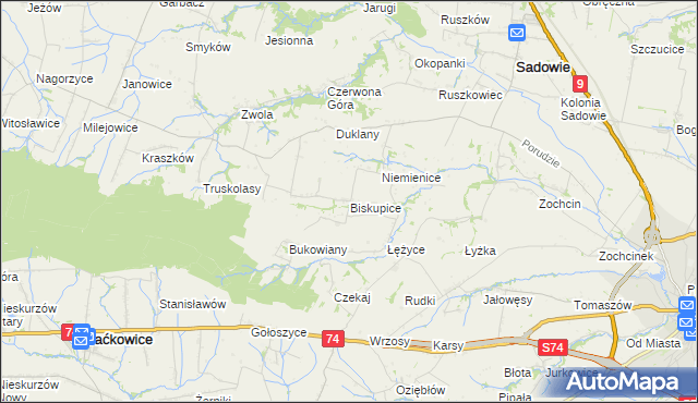 mapa Biskupice gmina Sadowie, Biskupice gmina Sadowie na mapie Targeo