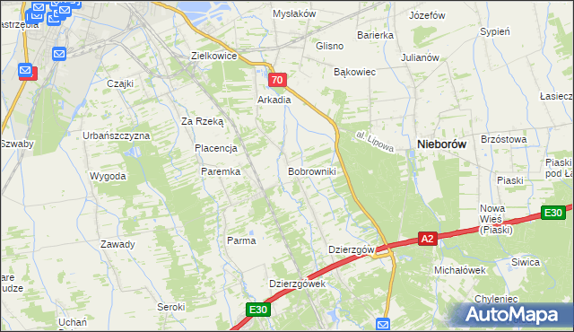 mapa Bobrowniki gmina Nieborów, Bobrowniki gmina Nieborów na mapie Targeo