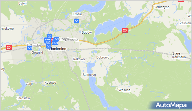 mapa Bobrowo gmina Złocieniec, Bobrowo gmina Złocieniec na mapie Targeo