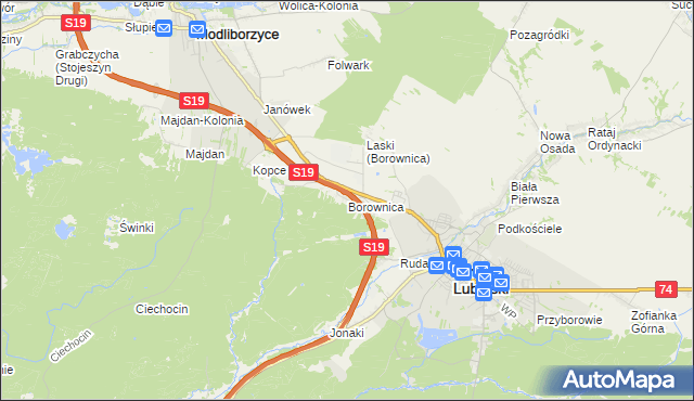 mapa Borownica gmina Janów Lubelski, Borownica gmina Janów Lubelski na mapie Targeo