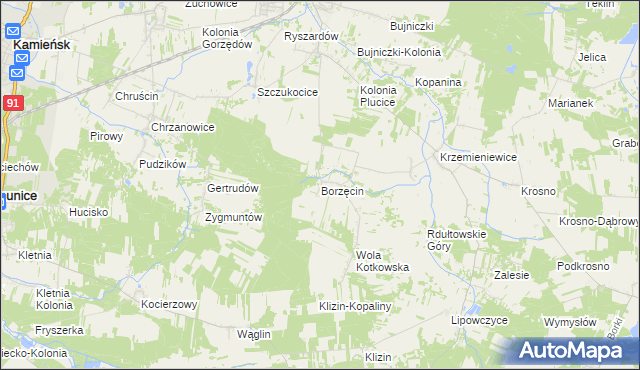 mapa Borzęcin gmina Gorzkowice, Borzęcin gmina Gorzkowice na mapie Targeo