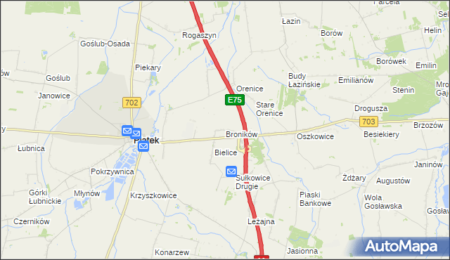 mapa Broników gmina Piątek, Broników gmina Piątek na mapie Targeo