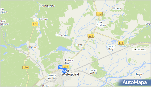 mapa Brzegi gmina Krzyż Wielkopolski, Brzegi gmina Krzyż Wielkopolski na mapie Targeo