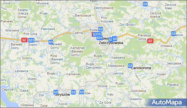 mapa Bugaj gmina Kalwaria Zebrzydowska, Bugaj gmina Kalwaria Zebrzydowska na mapie Targeo