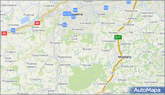 mapa Buków gmina Mogilany, Buków gmina Mogilany na mapie Targeo