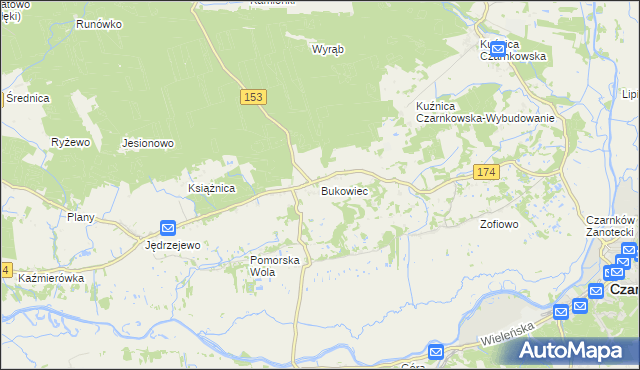 mapa Bukowiec gmina Czarnków, Bukowiec gmina Czarnków na mapie Targeo