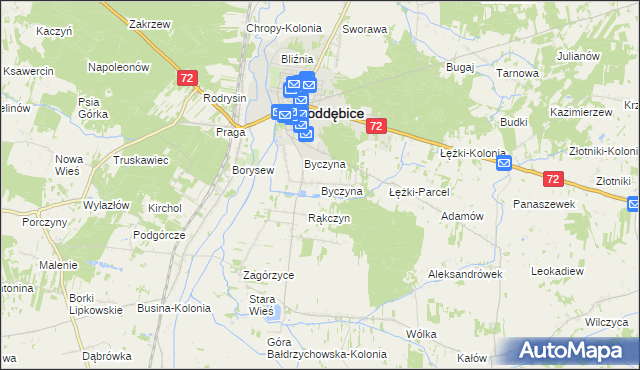mapa Byczyna gmina Poddębice, Byczyna gmina Poddębice na mapie Targeo