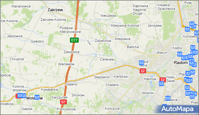 mapa Cerekiew gmina Zakrzew, Cerekiew gmina Zakrzew na mapie Targeo