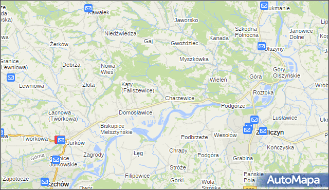 mapa Charzewice, Charzewice na mapie Targeo