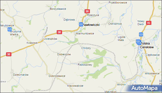 mapa Chrósty gmina Pawłowiczki, Chrósty gmina Pawłowiczki na mapie Targeo
