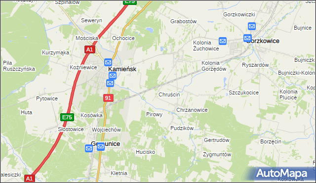 mapa Chruścin gmina Gomunice, Chruścin gmina Gomunice na mapie Targeo