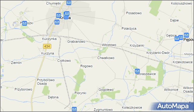 mapa Chwałkowo gmina Krobia, Chwałkowo gmina Krobia na mapie Targeo