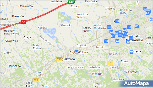 mapa Chyliczki gmina Jaktorów, Chyliczki gmina Jaktorów na mapie Targeo